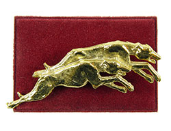 Brosch 2 springande Greyhounds guld